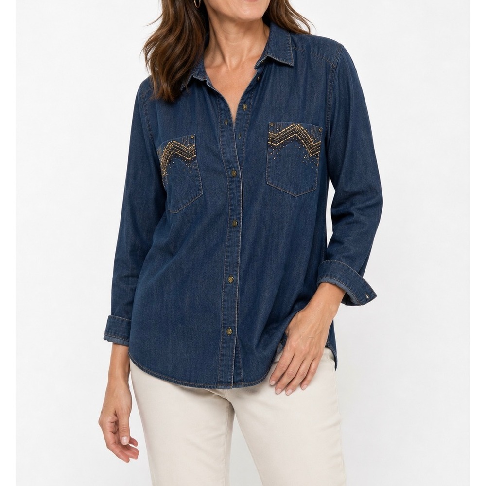 Chicos Womens Size 3 XL Denim Button Down Shirt Embellished Pockets Blue